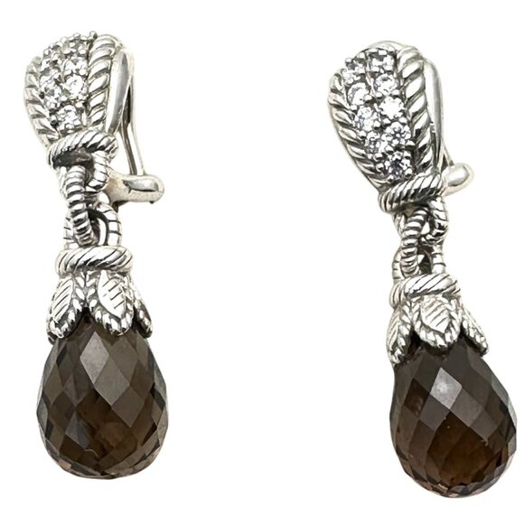 Designer Judith Ripka Sterling Silver Smoky Quartz Pierced Chandelier Earrings - Picture 1 of 4